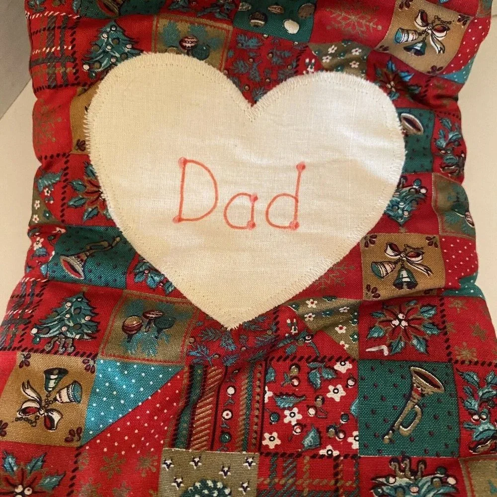 Handmade fabric Christmas stockings novelty prints applique Mom Dad hearts lace